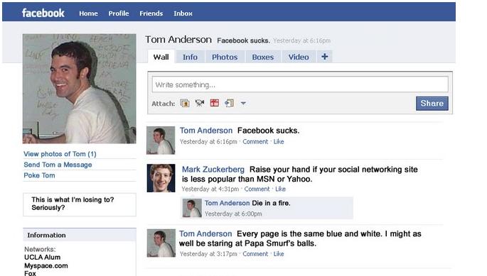  tweet about Tom Anderson Myspace VS Mark Zuckerberg Facebook. Wow!